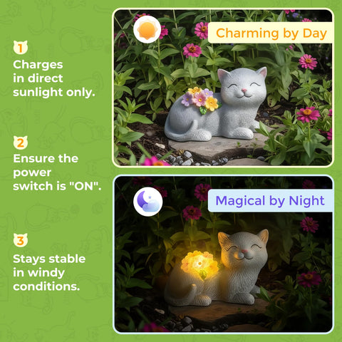 APOBATK Solar Cat Garden Statue illuminates garden silhouette after dusk.