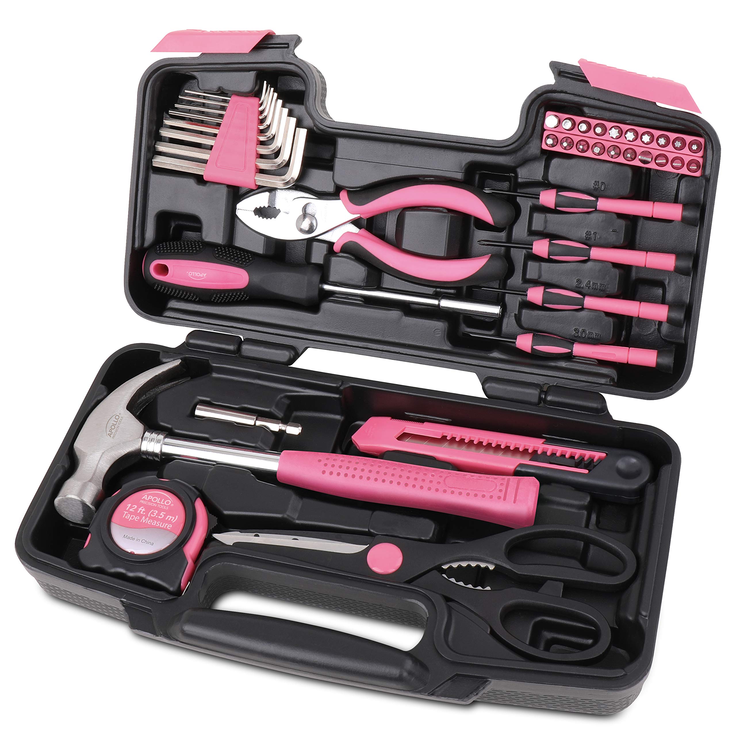 Apollo Tools pink tool set case keeps essentials neatly organized for repairs.