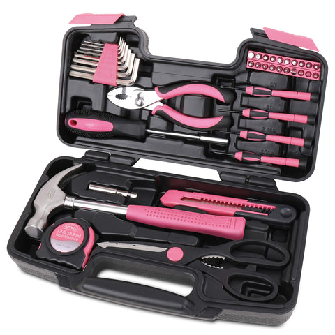 Apollo Tools pink tool set case keeps essentials neatly organized for repairs.