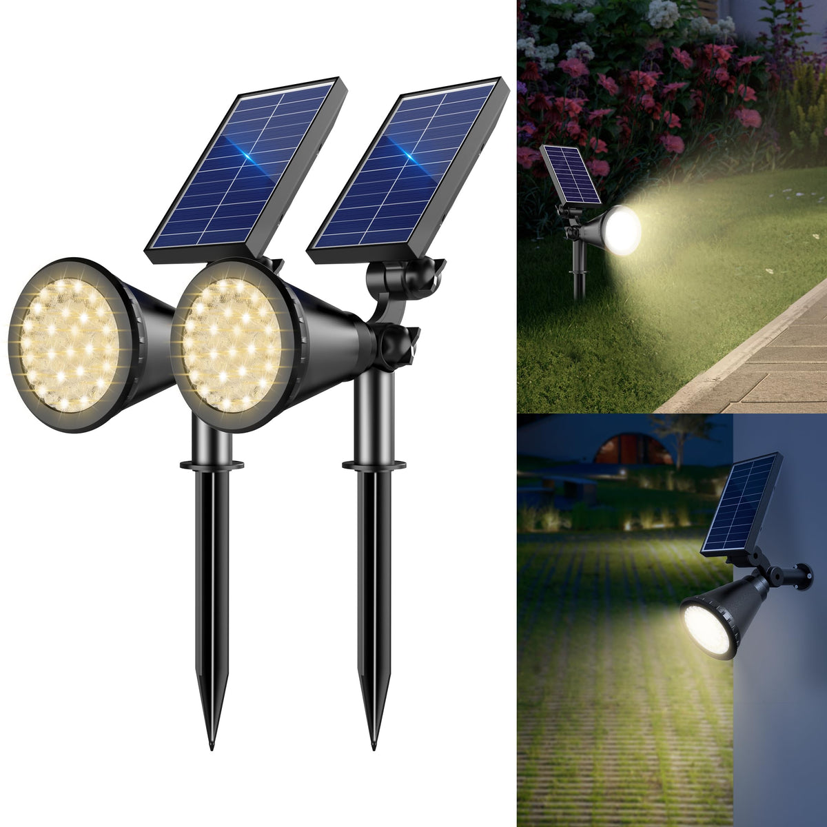 APOMAO solar spot lights with adjustable panels illuminate driveways with targeted warmth.