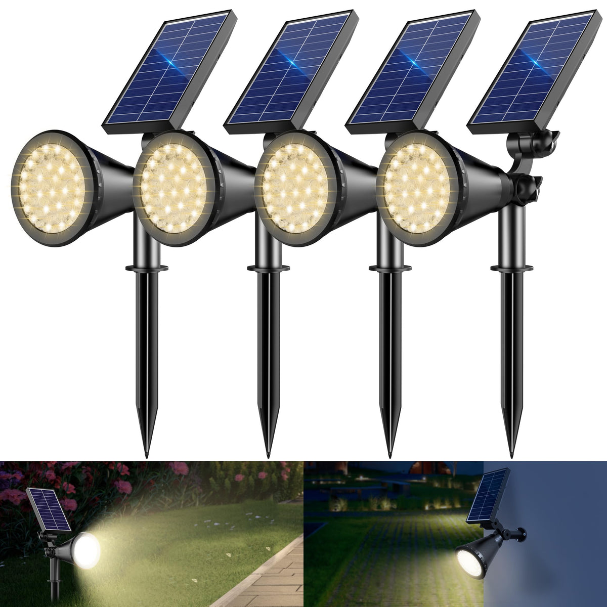 APOMAO solar spotlight with 36 LEDs lights trees with warm white glow for standout nighttime features.