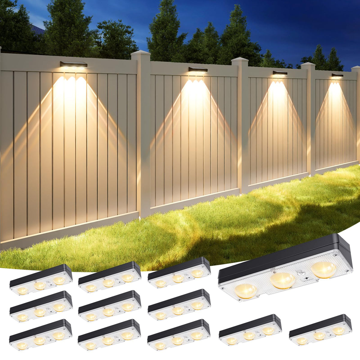 APONUO solar fence light glows softly along an outdoor wall