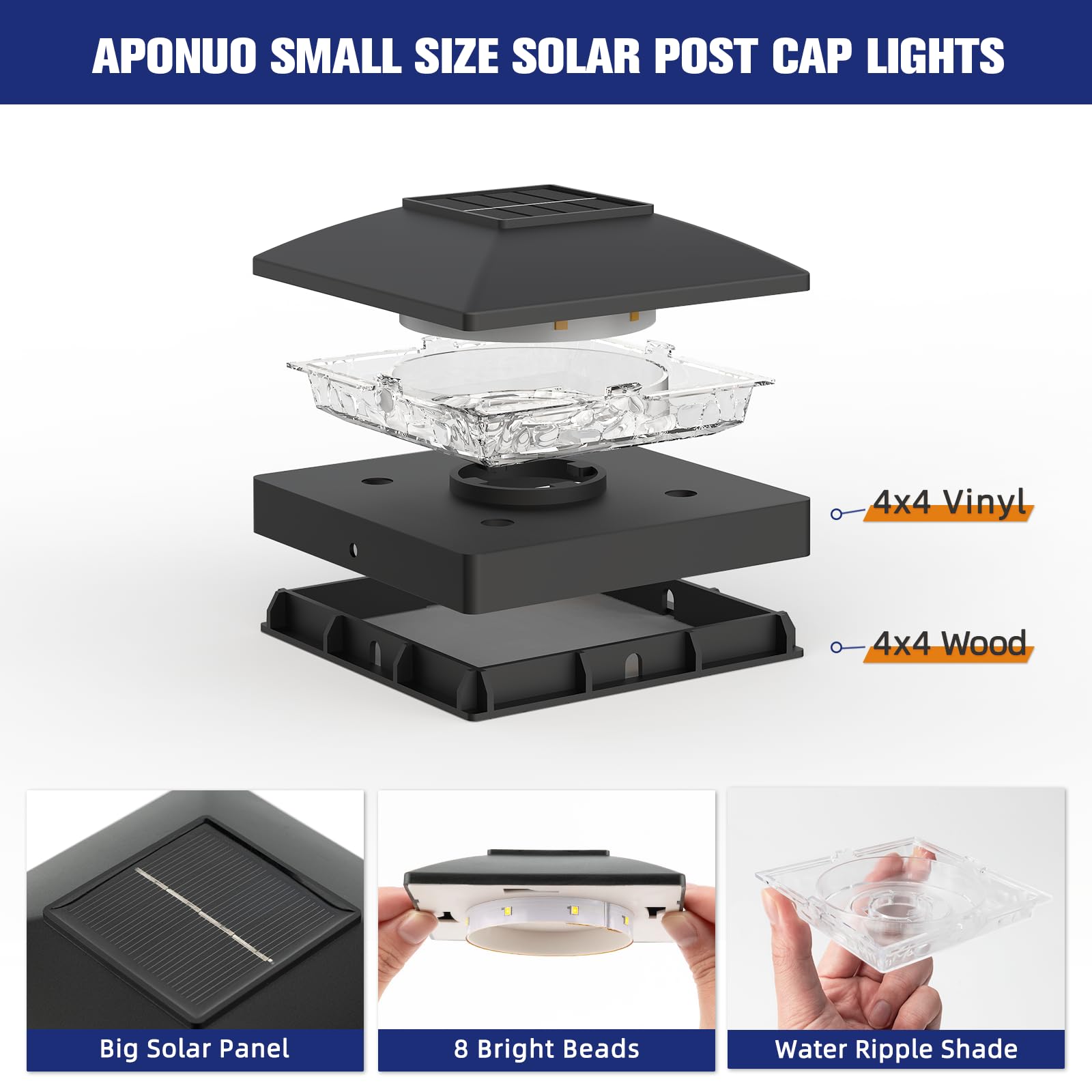 APONUO post cap light emitting warm white 3000K glow for decks and fences.