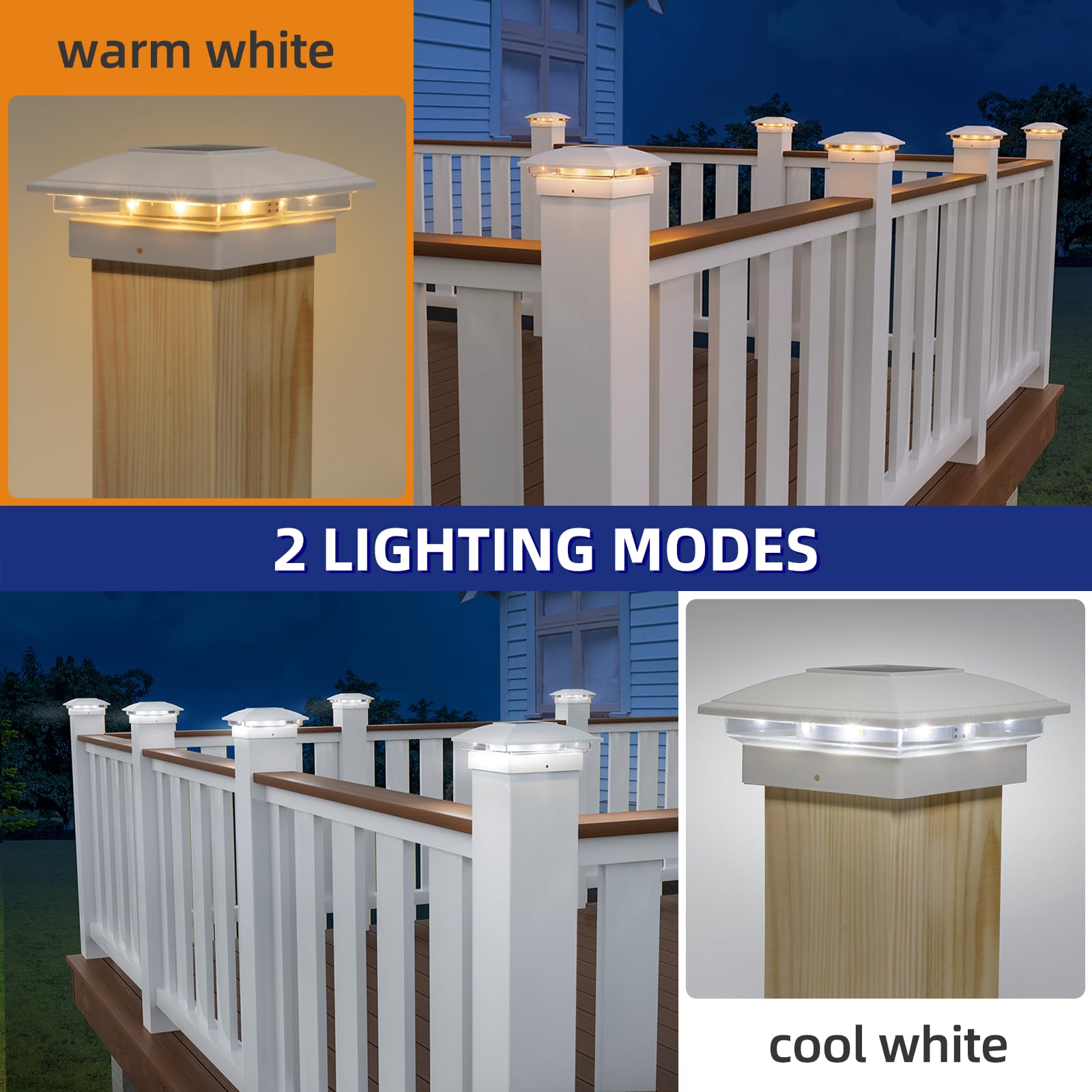 APONUO solar post cap lights in warm and cool modes for porch ambiance.