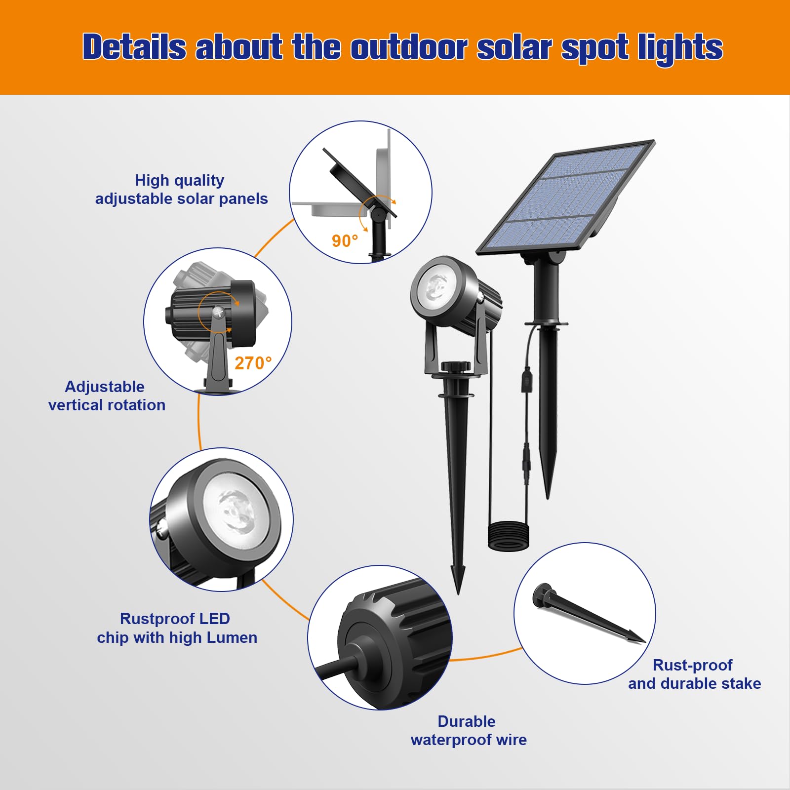 APONUO solar spot light adjustable 270 degrees for precise aiming.