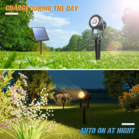 APONUO solar spot light lighting a garden pathway at dusk.