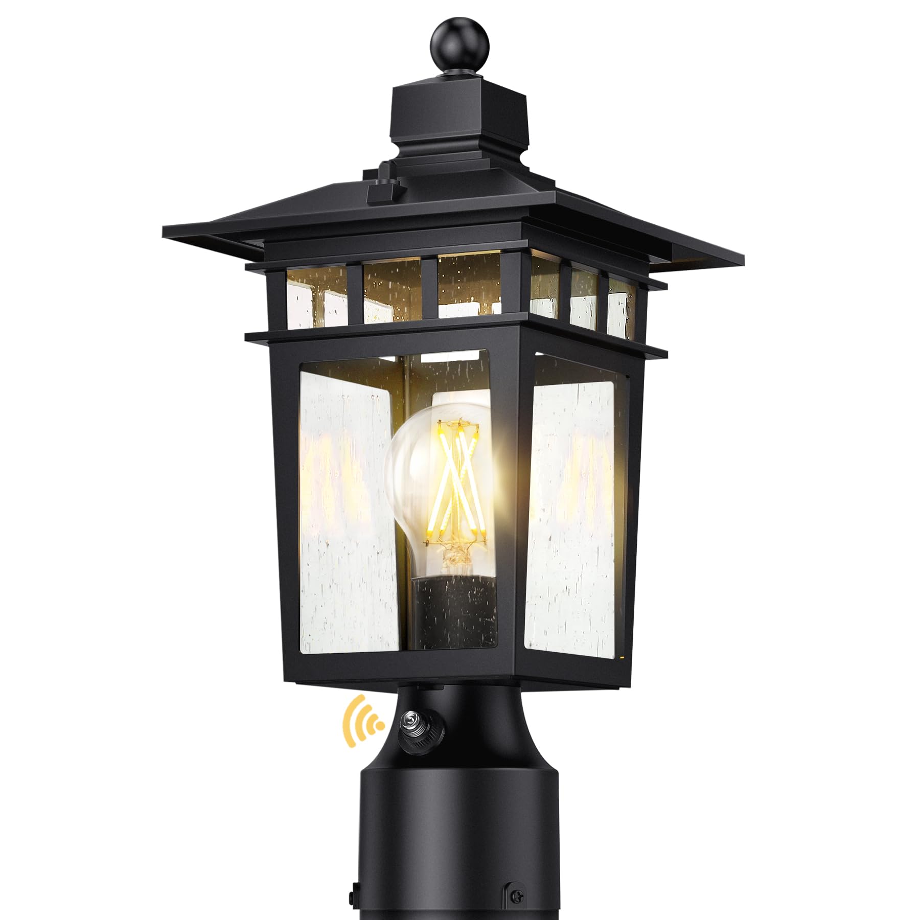 APOTO dusk-to-dawn post light enhances entryway visibility after dark.