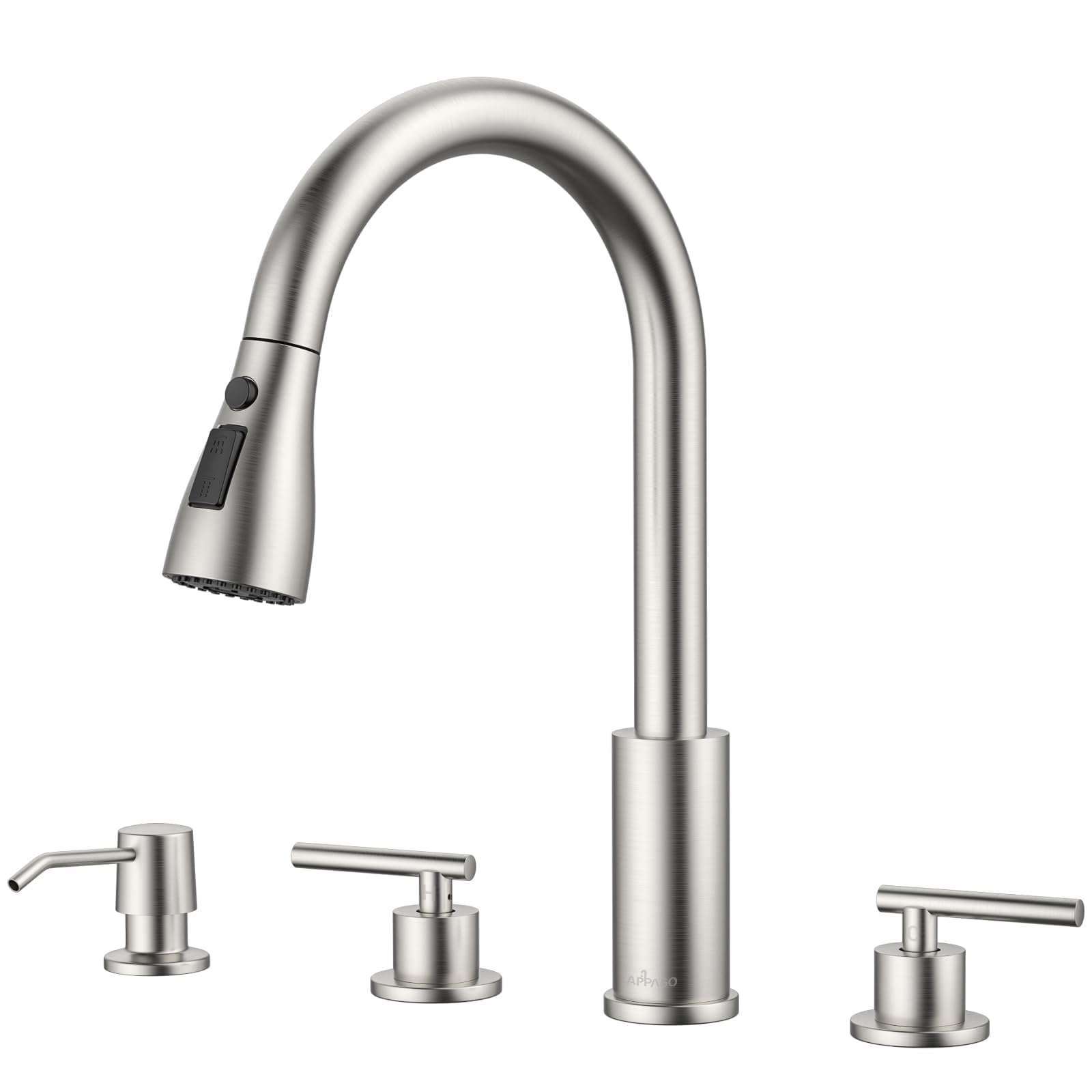APPASO 2-handle kitchen faucet in brushed nickel with high arc for easy reach.