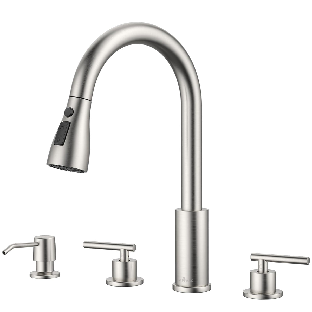 APPASO 2-handle kitchen faucet in brushed nickel with high arc for easy reach.