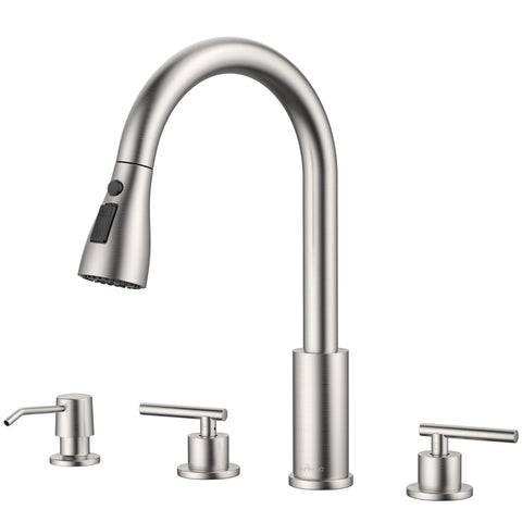 APPASO 2-handle kitchen faucet in brushed nickel with high arc for easy reach.
