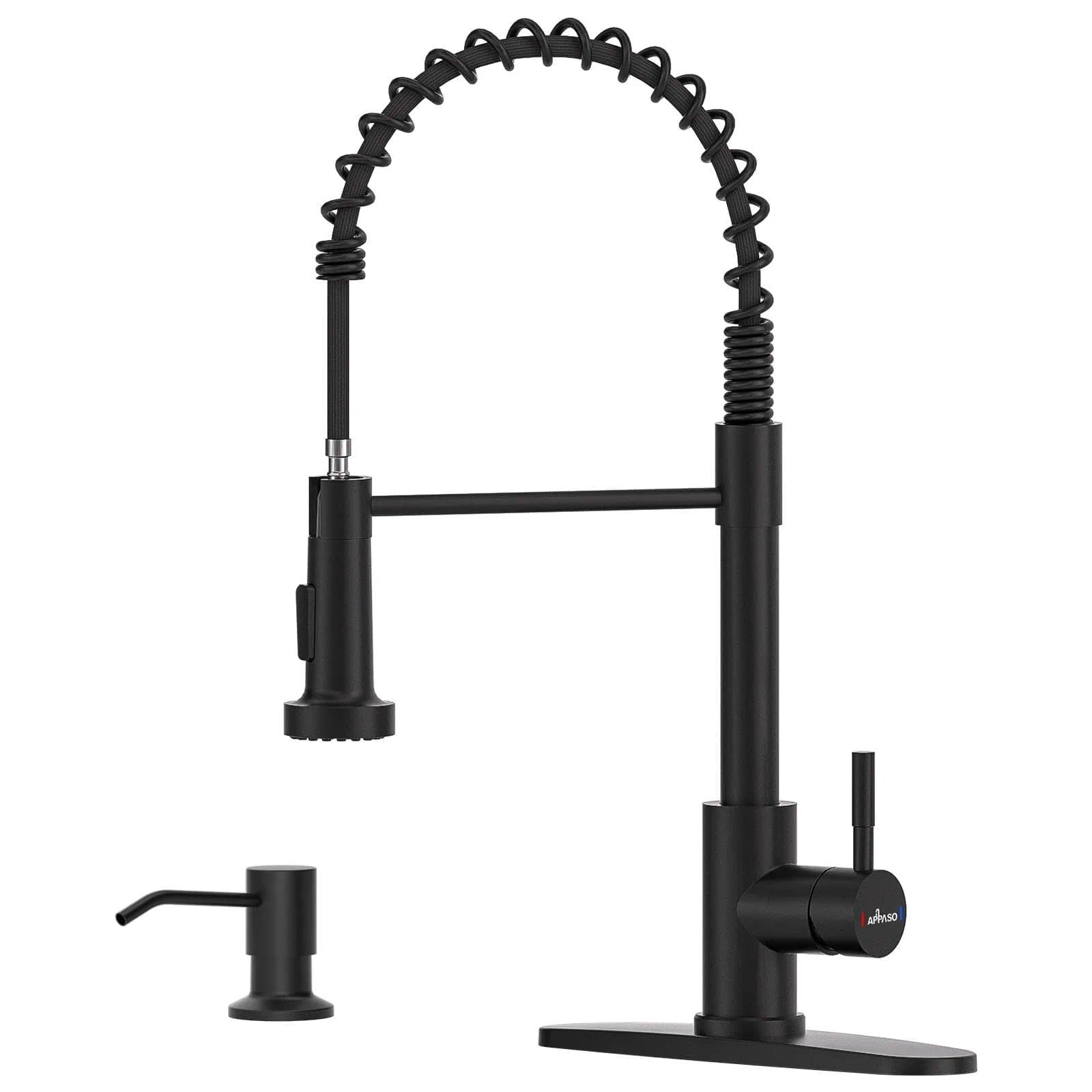 APPASO black kitchen faucet with soap dispenser for clean hands and organized sink area.