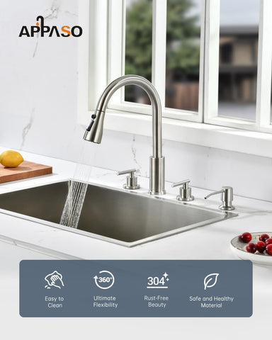 APPASO soap dispenser integrated with the faucet for convenient hand soap.