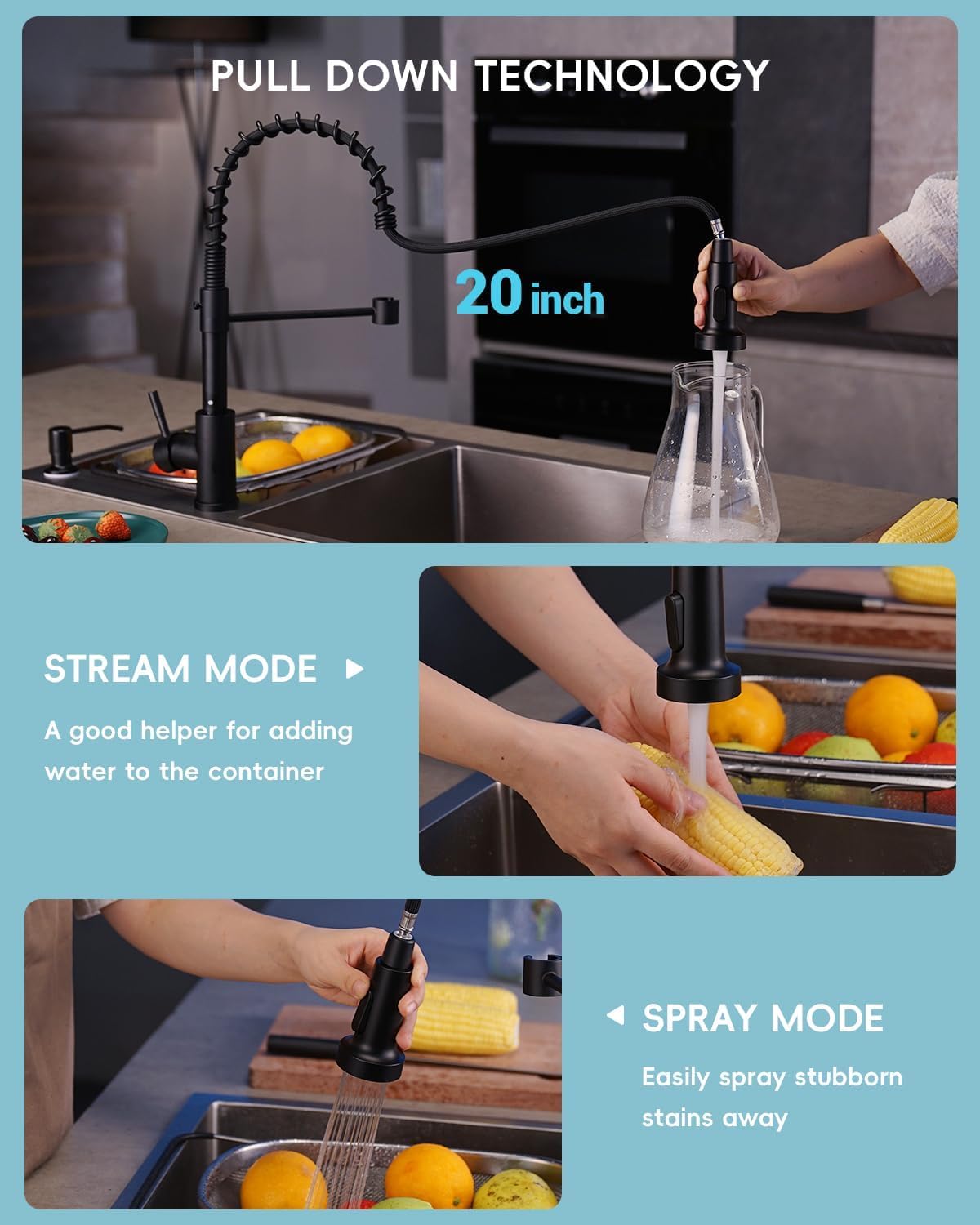 APPASO pull-down sprayer in use with 360-degree swivel for flexible reach.
