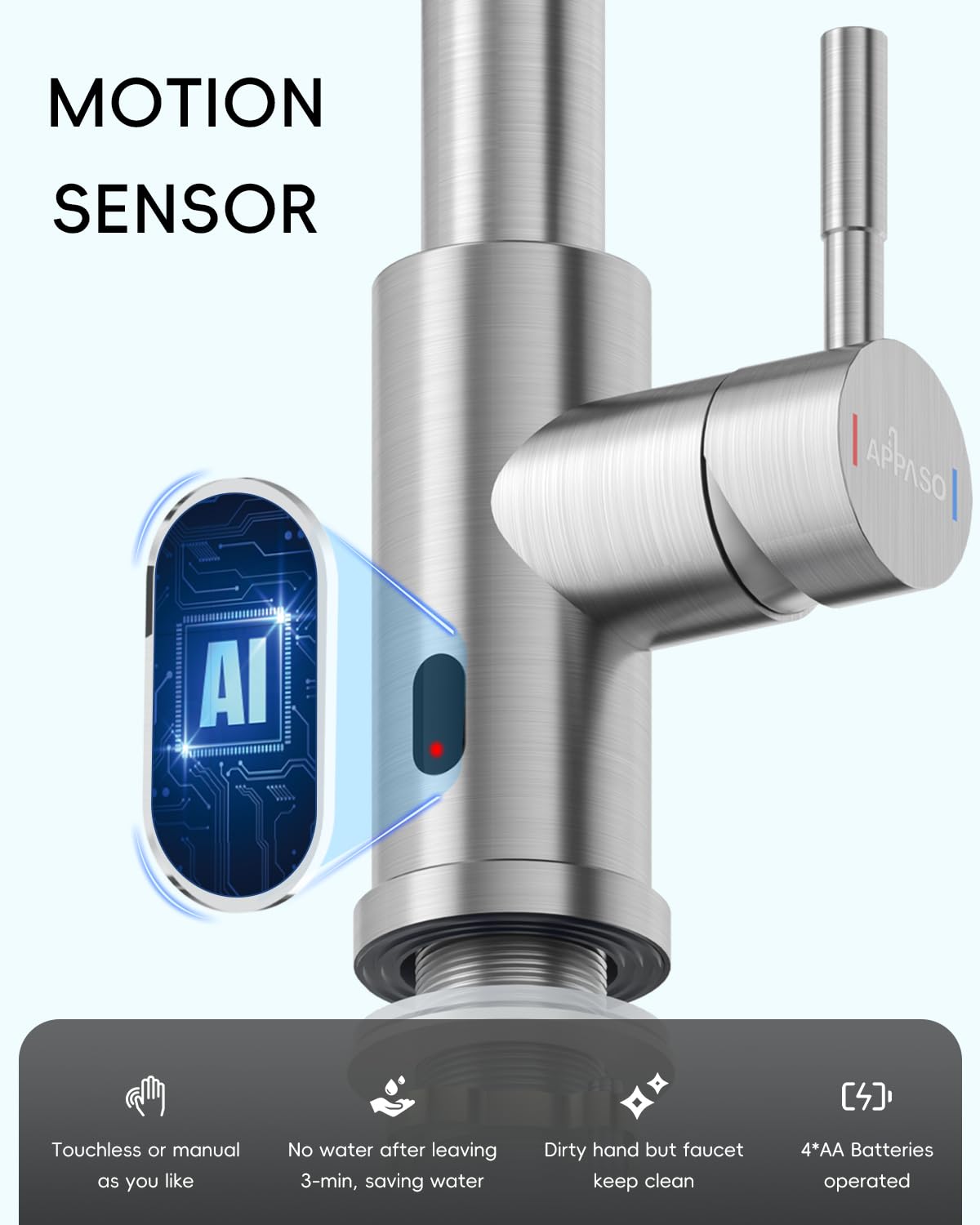 Pull-down spray reach in APPASO touchless faucet for easier sink cleaning.