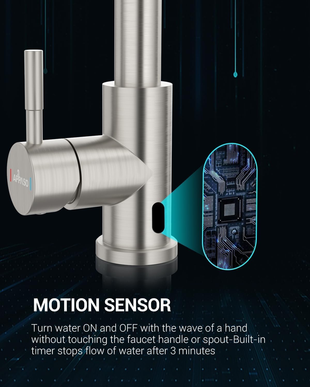 APPASO pull-down sprayer extended over sink for flexible reach.