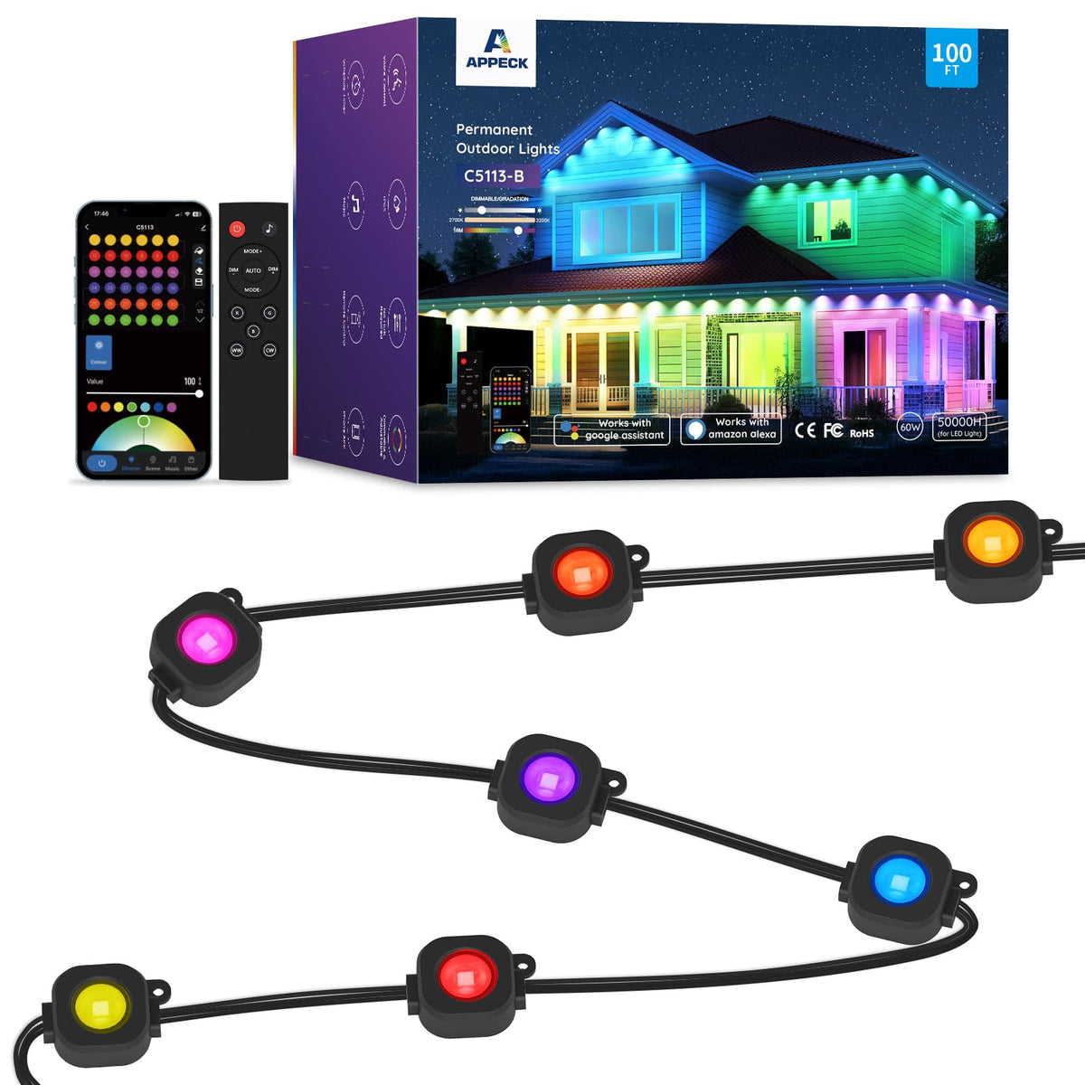 APPECK 100ft permanent outdoor lights with vivid color options for outdoor scenes.