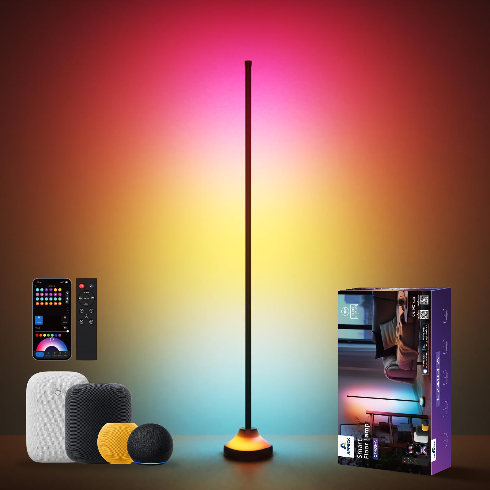 APPECK RGBIC smart corner floor lamp front view with vivid color zones