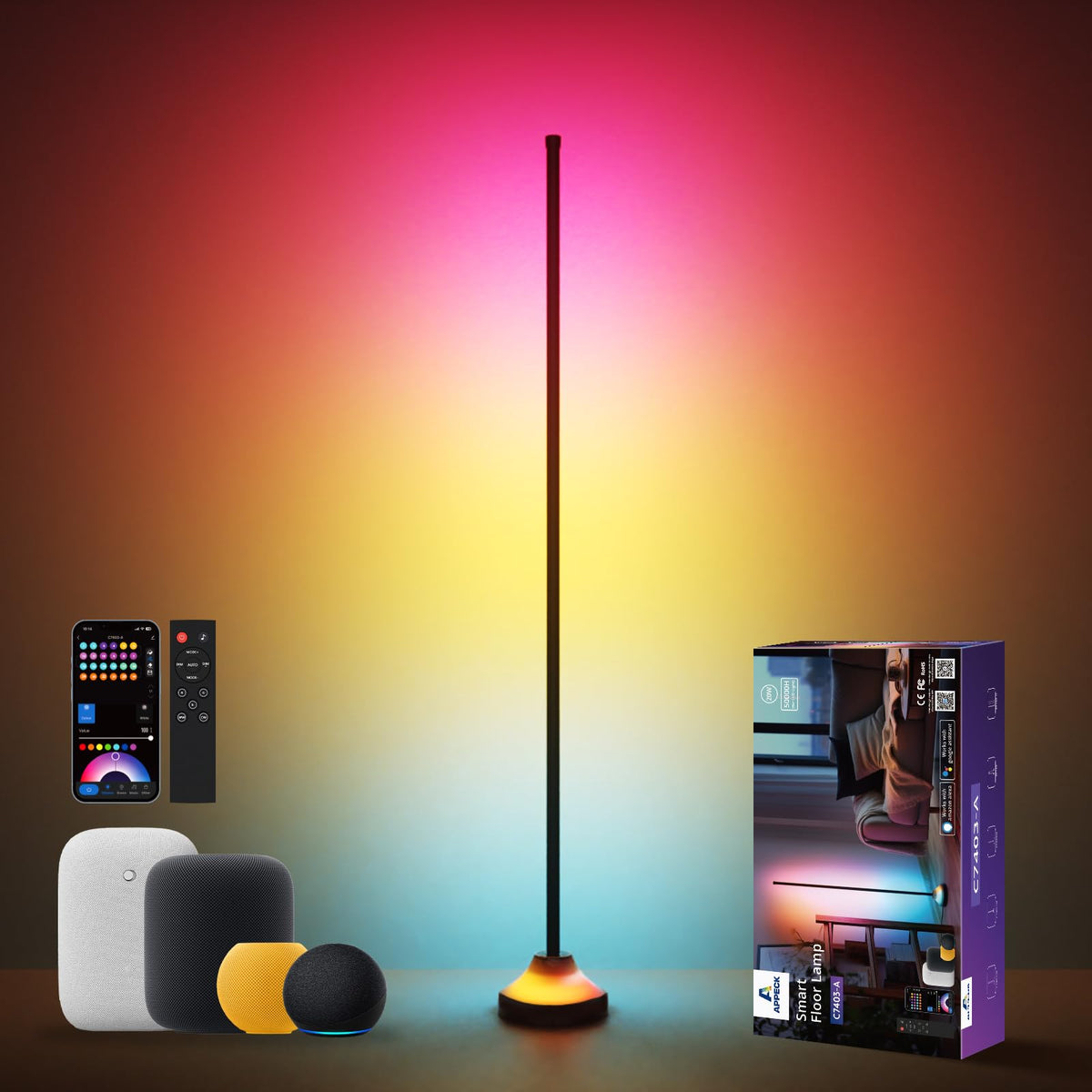 APPECK RGBIC smart corner floor lamp front view with vivid color zones