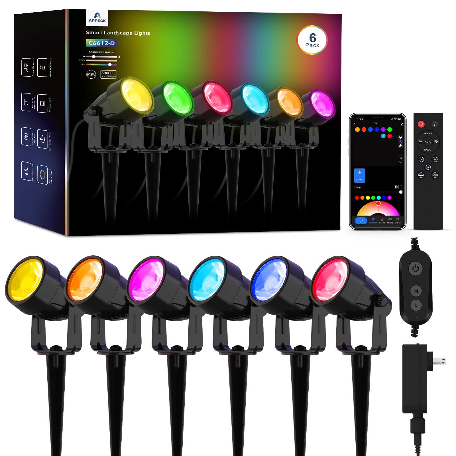 APPECK RGBW landscape light showing color-changing beam for vibrant garden ambiance