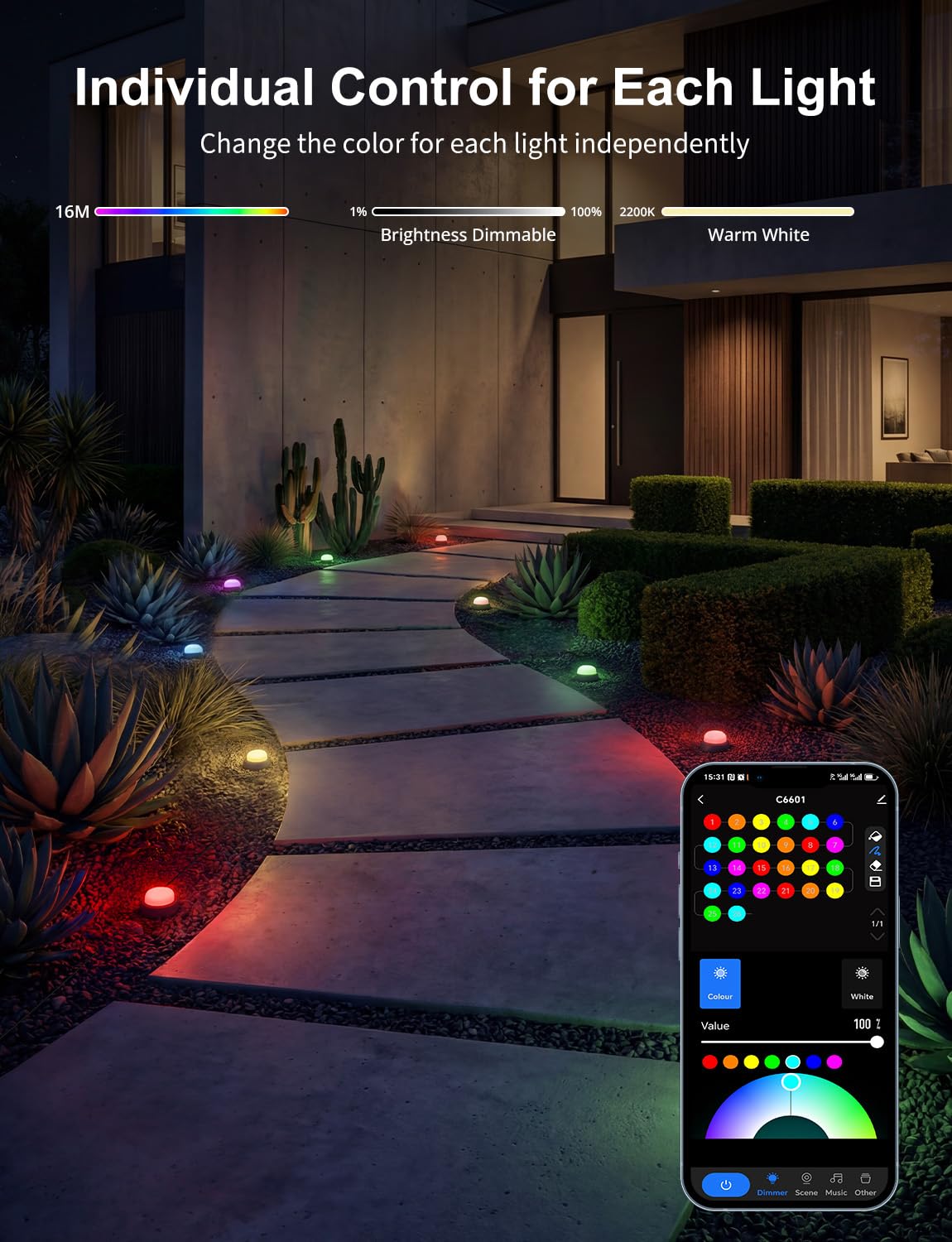 APPECK RGBW ground light displays vibrant color options for festive curb appeal.