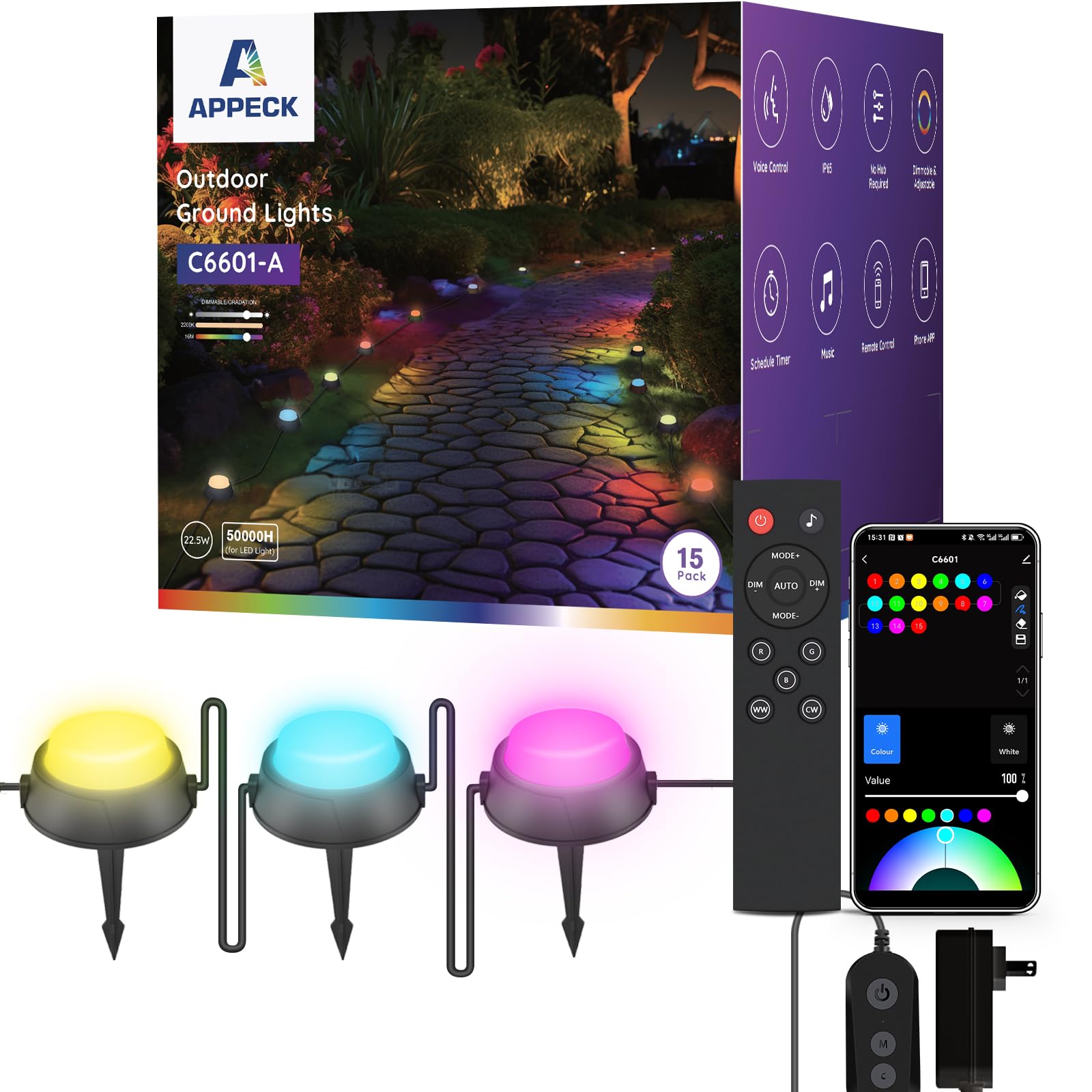 APPECK smart ground light illuminating a lawn pathway at night for safety.