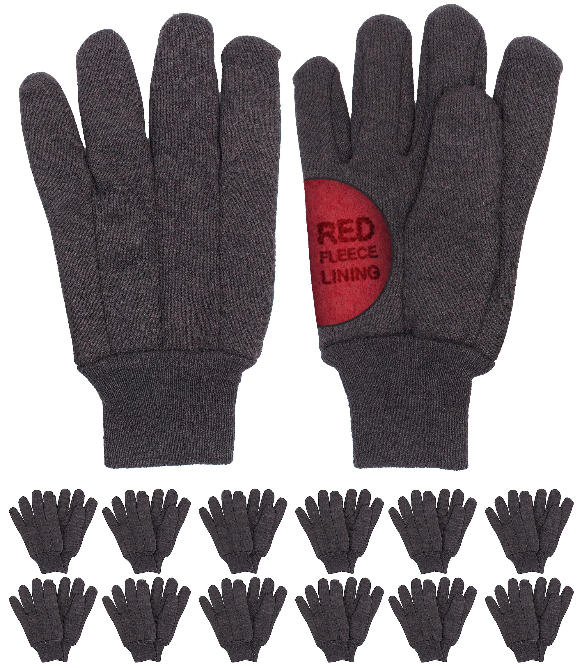 APQ Supply red fleece-lined brown jersey gloves offer warm, comfortable all-day wear for tasks.
