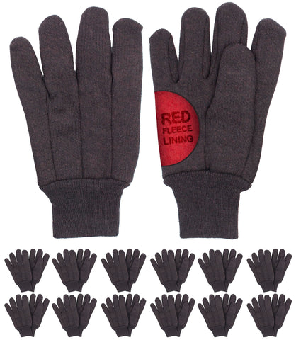 APQ Supply red fleece-lined brown jersey gloves offer warm, comfortable all-day wear for tasks.