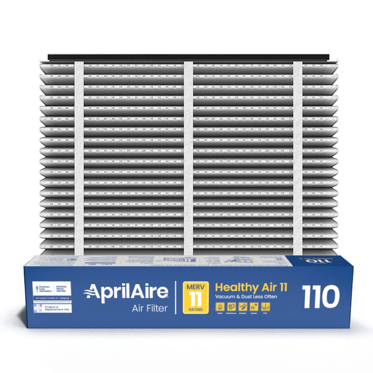 Aprilaire 110 filter front view, compact MERV 11 filtration for cleaner air.