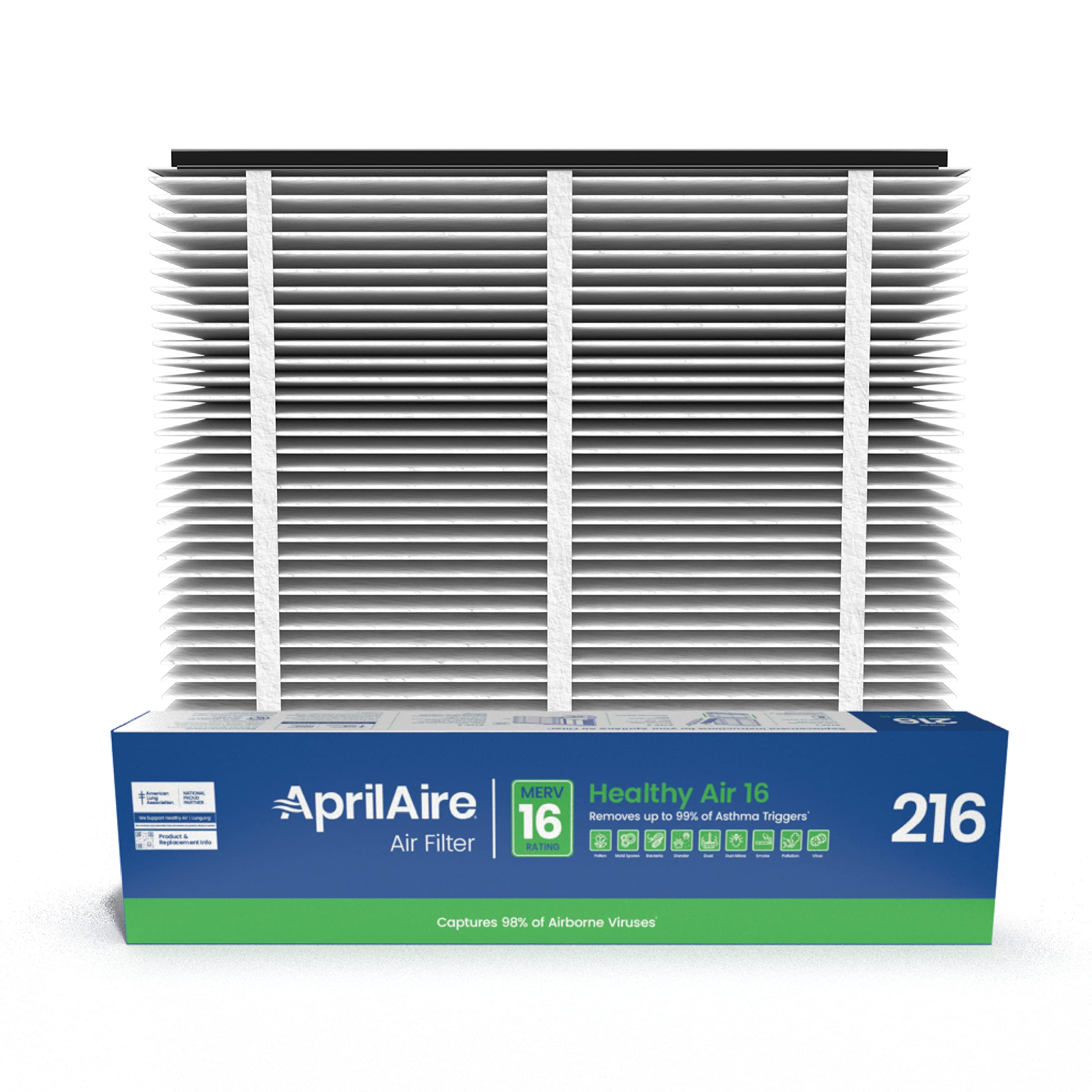 Aprilaire 216 replacement filter packaging shows authentic USA-made quality for cleaner indoor air.
