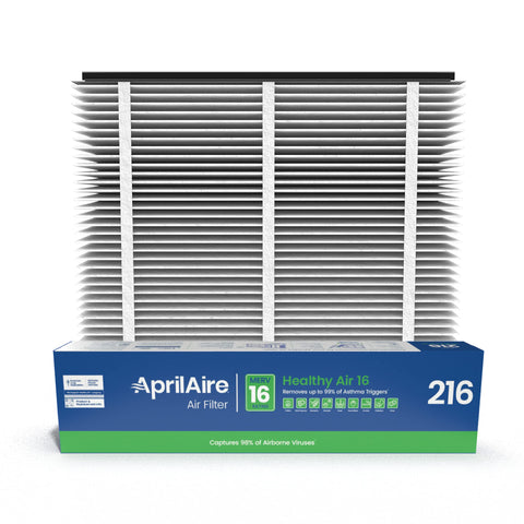Aprilaire 216 replacement filter packaging shows authentic USA-made quality for cleaner indoor air.