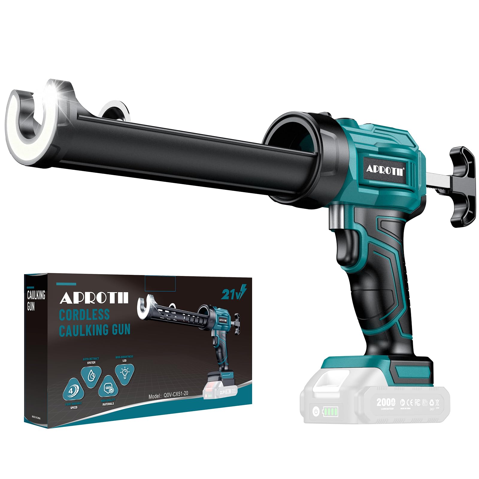 APROTII electric caulking gun front view showing ergonomic grip for steady control
