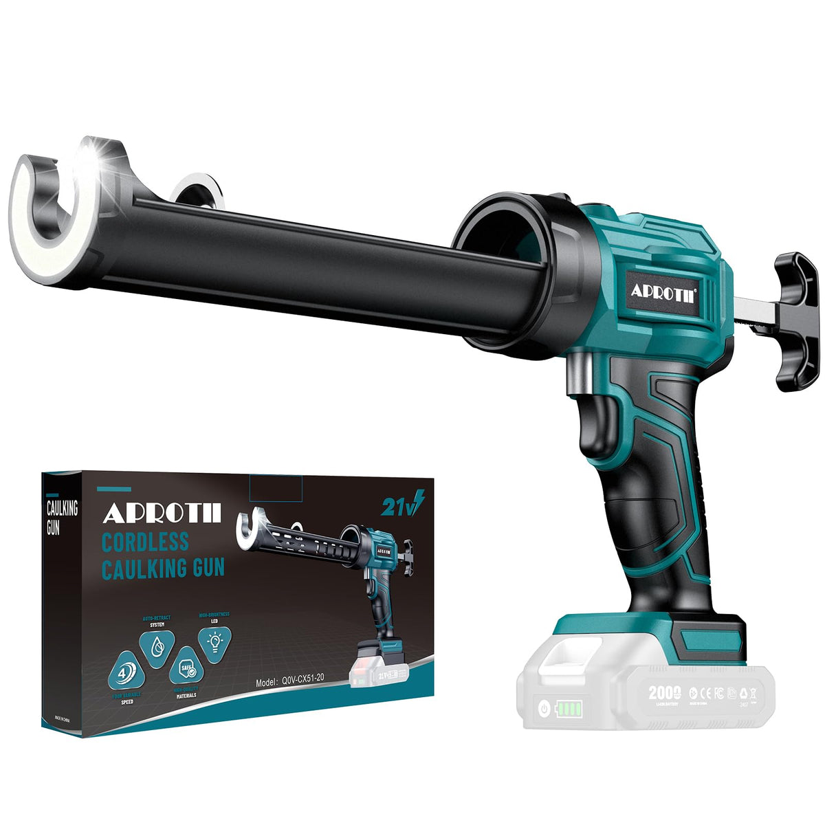 APROTII electric caulking gun front view showing ergonomic grip for steady control