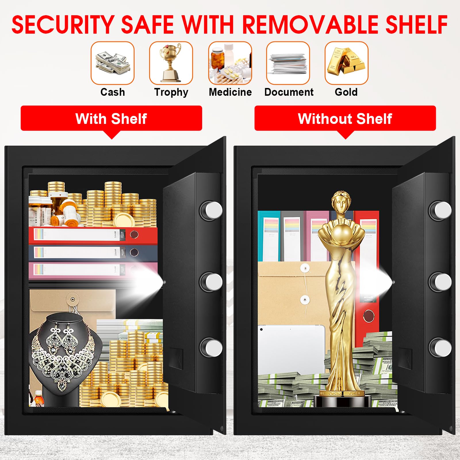 Triple lock bolts on Aprxuvot safe enhance physical security against tampering.