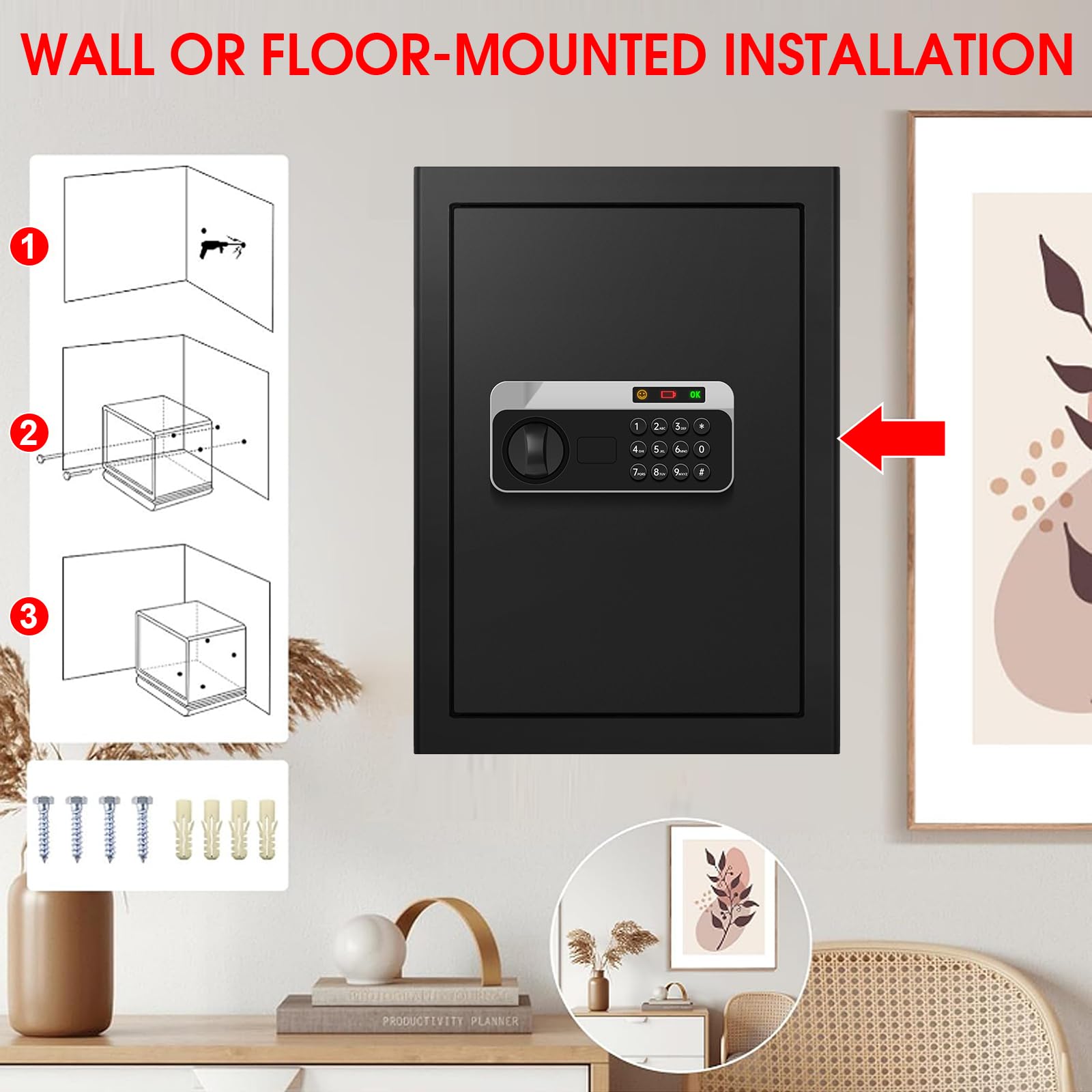 Pry-resistant hinges and recessed door protect privacy of belongings.