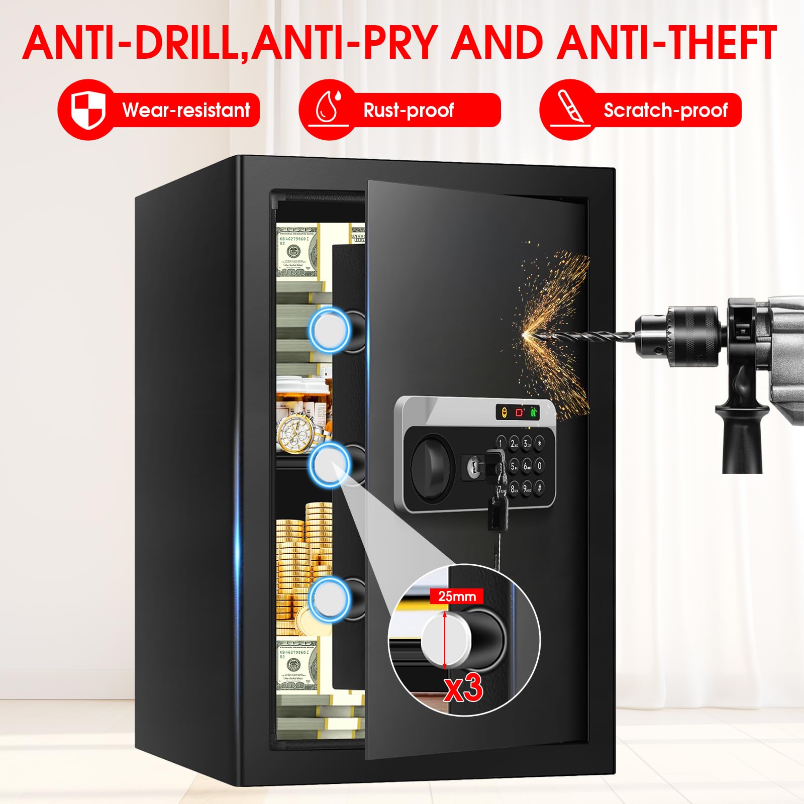 Removable shelves in Aprxuvot safe allow customized storage for smaller items.