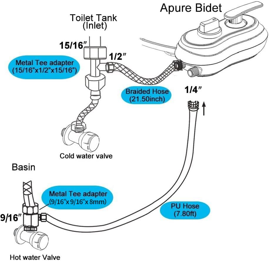 APURE BIDET A121 braided hose and metal T-adapter included for secure install.