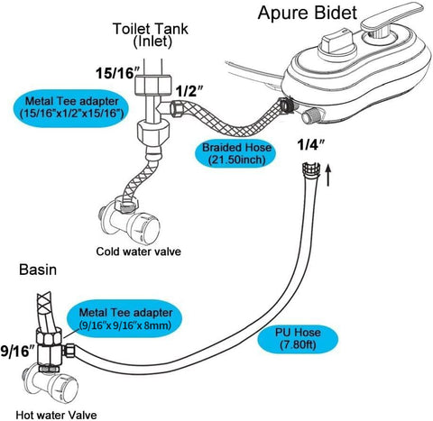 APURE BIDET A121 braided hose and metal T-adapter included for secure install.