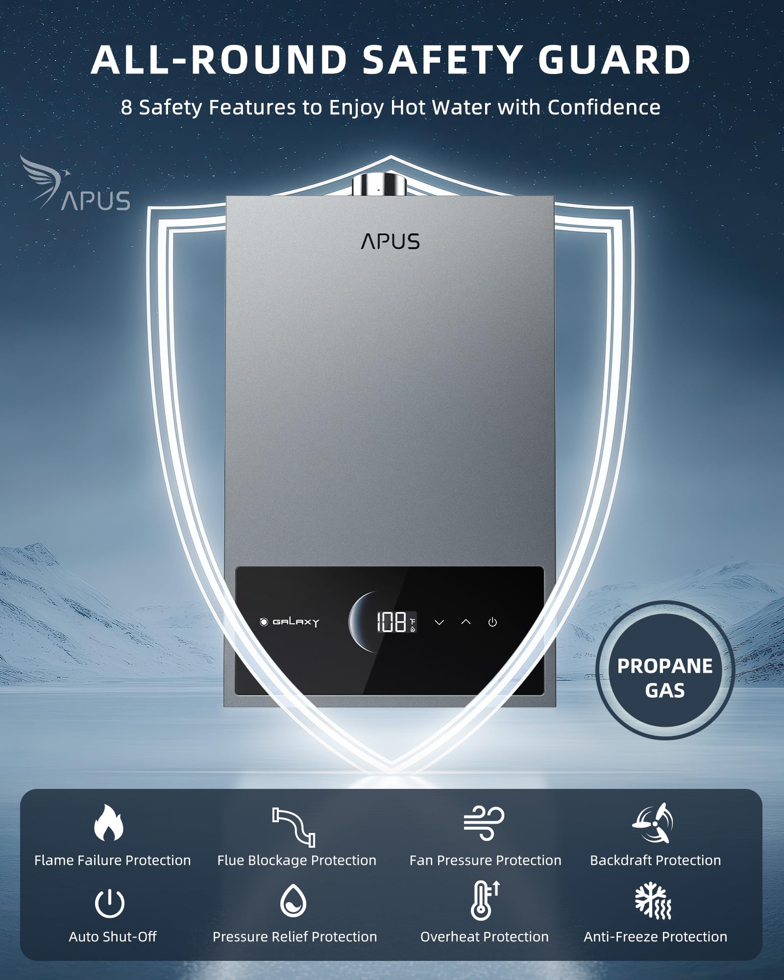 APUS Low-flow start technology illustration for efficient on-demand hot water.