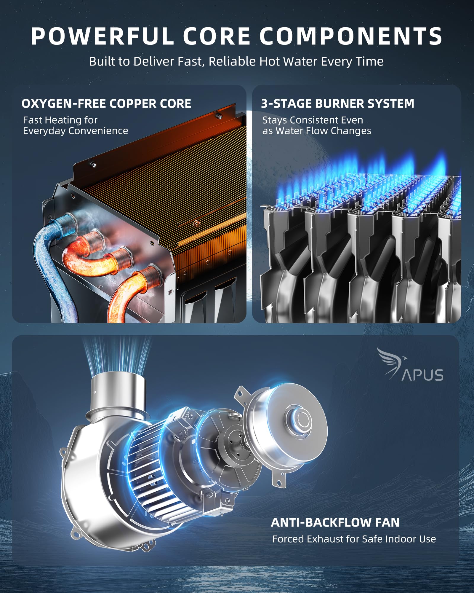 APUS Quiet operation image illustrating low noise level during use.