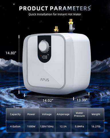 APUS rv-friendly mini-tank heater for hot water on the go.
