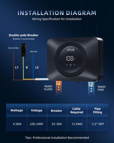 APUS self-modulating energy-saving technology reduces water heating energy usage.
