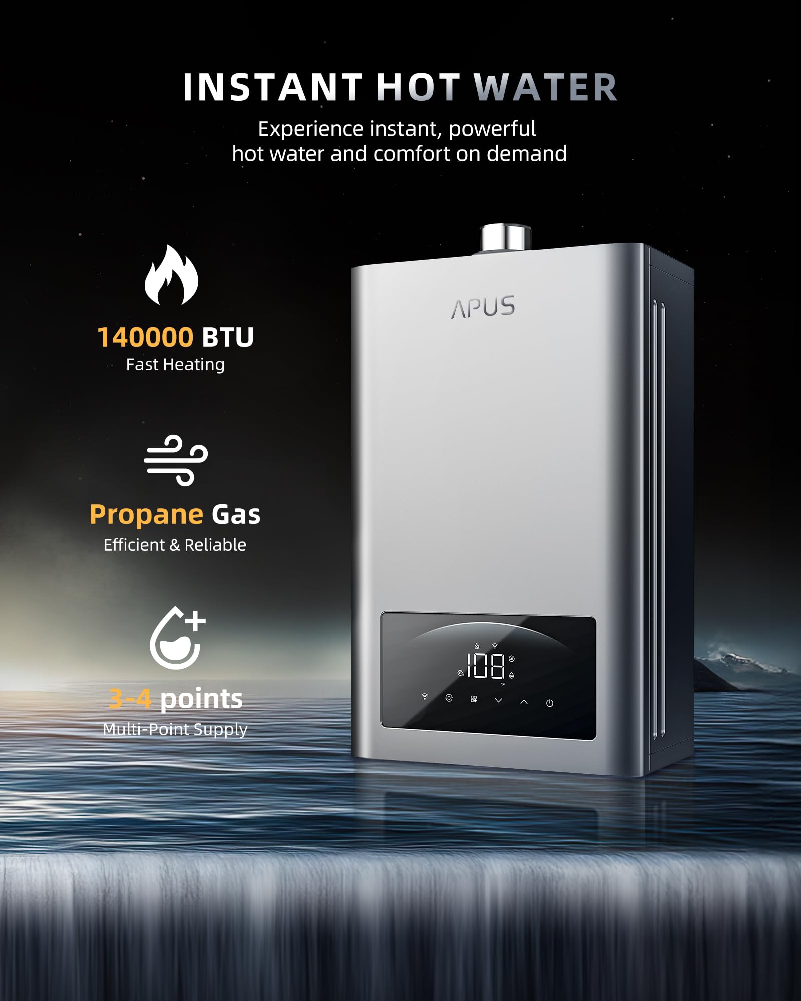 APUS copper heat exchanger close-up, durable construction for efficient, long-lasting heating.