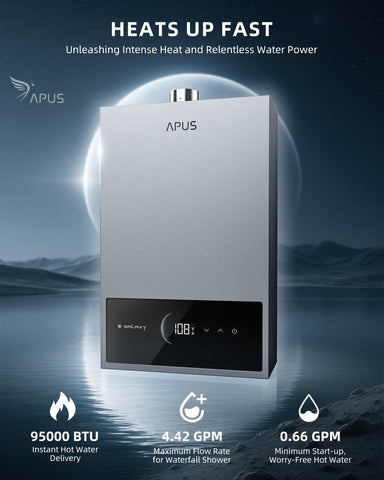APUS tankless water heater with digital display illustrating precise temperature control and easy adjustments.