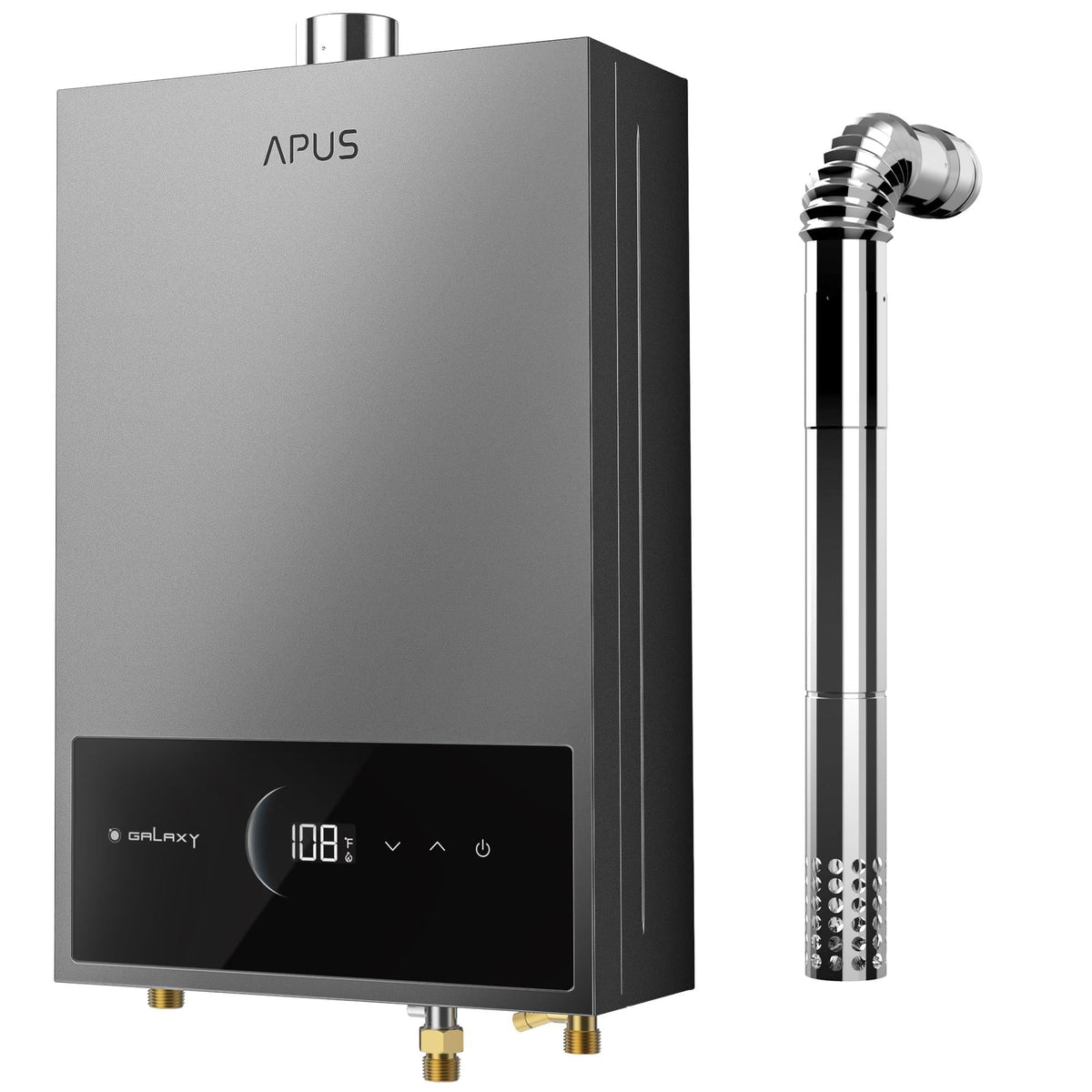 APUS Tankless Water Heater front view with LED display for precise temperature control.