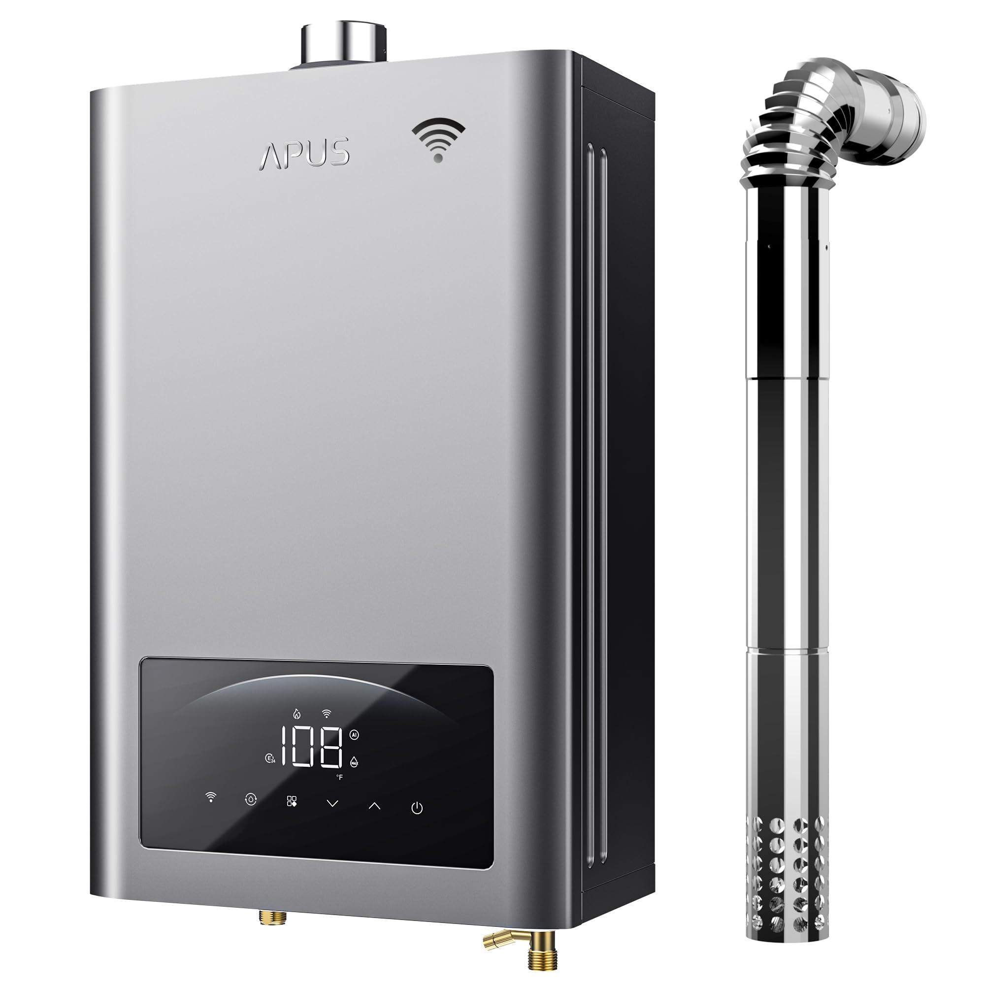 APUS tankless water heater front view, compact indoor unit for instant hot water on demand.