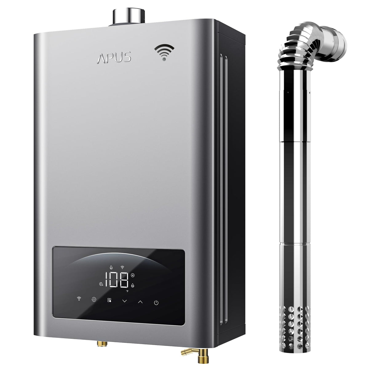 APUS tankless water heater front view, compact indoor unit for instant hot water on demand.