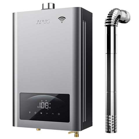 APUS tankless water heater front view, compact indoor unit for instant hot water on demand.