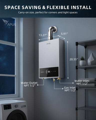 APUS tankless water heater features oxygen-free copper heat exchanger for durable, efficient performance.