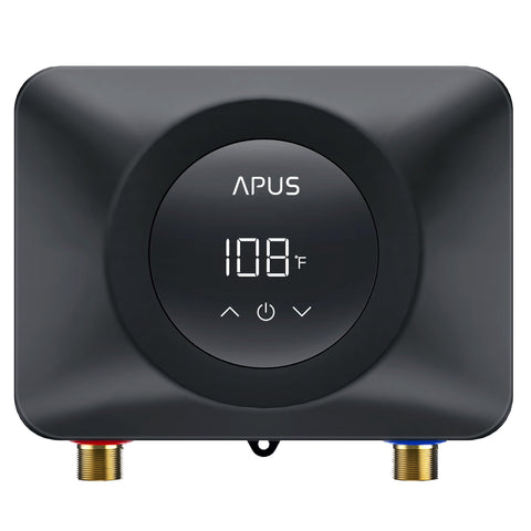 APUS tankless water heater with LED display for precise on-demand temperature control.