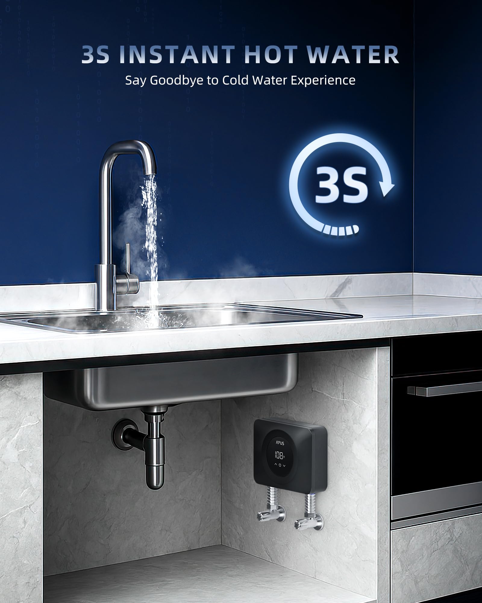 APUS tankless water heater installed under-sink for space-saving hot water.